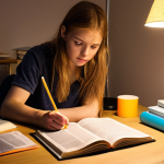 **Image Prompt:** A determined student, illuminated by a desk lamp, studying insurance textbooks late into the night in a cozy Dutch "studentenkamer" (student room). Books are open, highlighters are scattered, and a motivational sticky note is visible on a laptop. A half-empty "stroopwafel" package sits nearby.