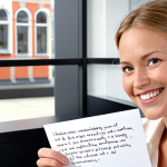 **

Prompt: Insurance broker sending a handwritten birthday card to a client. The setting is a modern, bright office. Focus on the warm, personal connection and genuine smile of the broker. Include elements of Dutch culture subtly in the background.

**