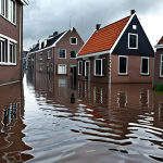 **Image Prompt:** A flooded Dutch street scene. Houses are partially submerged, and people are wading through the water. The sky is dark and stormy, reflecting the increasing frequency of extreme weather events due to climate change and the need for adjusted insurance coverage.