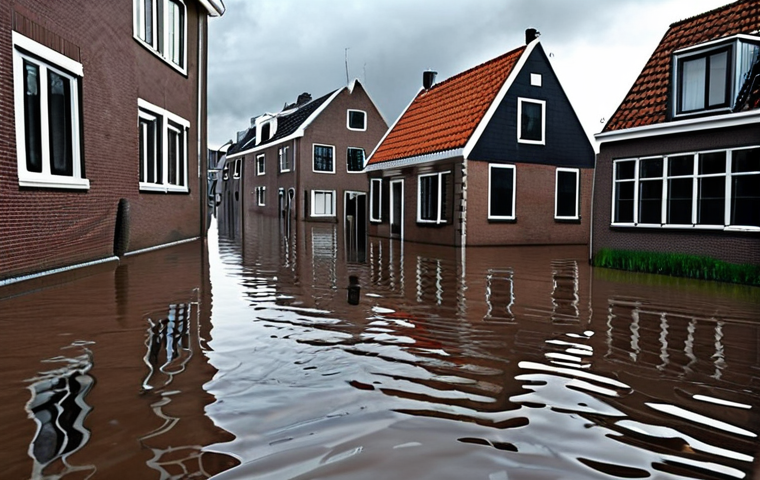 **Image Prompt:** A flooded Dutch street scene. Houses are partially submerged, and people are wading through the water. The sky is dark and stormy, reflecting the increasing frequency of extreme weather events due to climate change and the need for adjusted insurance coverage.