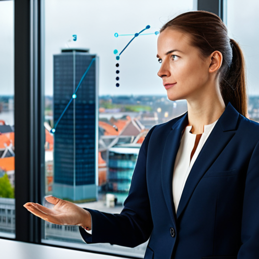 **Prompt for "Moderne Verzekeringsmakelaar (met Tech)"**:
    A professional female insurance broker, fully clothed in a modest, dark business suit, standing in a bright, modern office with large windows overlooking a Dutch cityscape. She is interacting with a large holographic or touchscreen display showing complex data visualizations and predictive analytics graphs related to risk assessment. Her expression is focused and knowledgeable, demonstrating expertise in AI-driven insights. Perfect anatomy, correct proportions, natural pose, well-formed hands, proper finger count. Professional photography, high quality, studio lighting. Safe for work, appropriate content, professional dress, family-friendly.