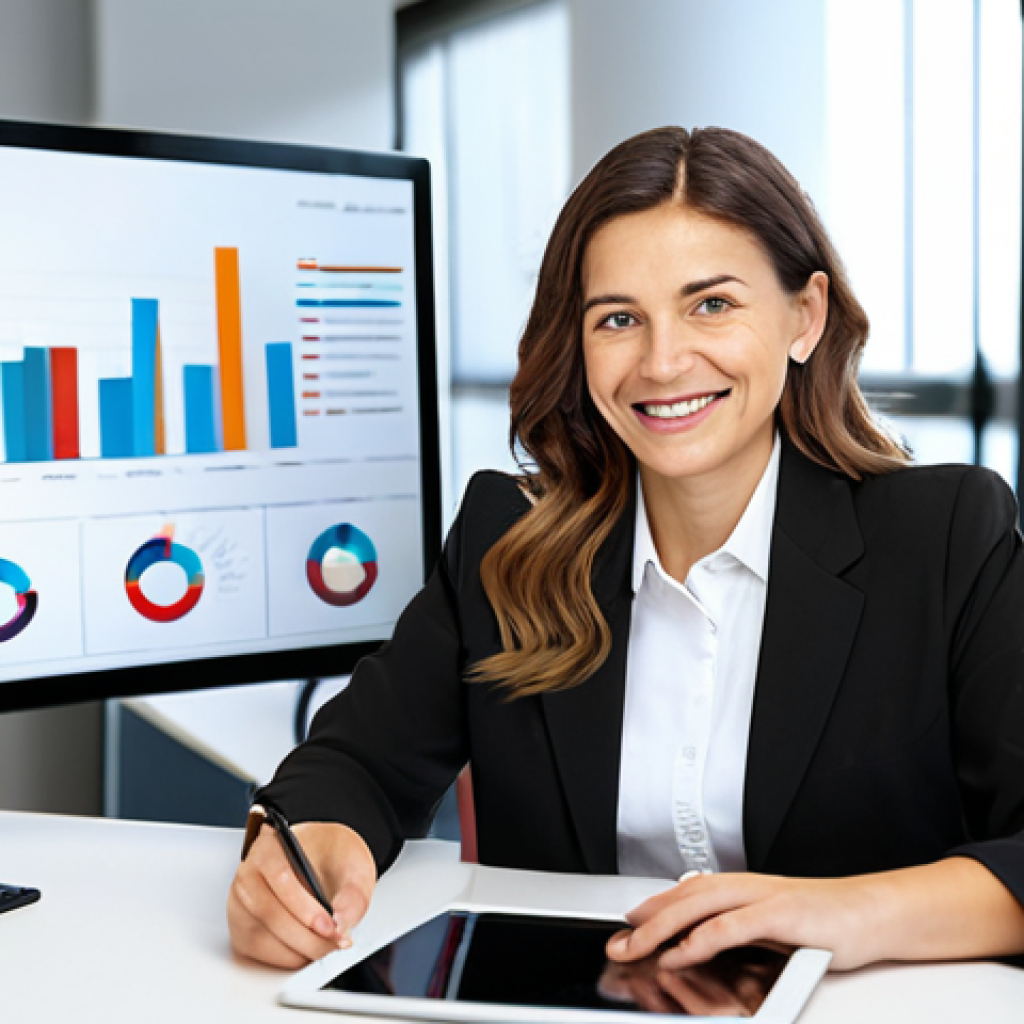 **

"A friendly insurance advisor, fully clothed in professional business attire, sitting at a desk in a modern office. She is smiling and looking directly at the viewer, holding a tablet displaying graphs and charts. The background is a brightly lit office with colleagues working in the distance. Safe for work, appropriate content, perfect anatomy, correct proportions, natural pose, well-formed hands, proper finger count, natural body proportions, professional, modest, family-friendly."

**