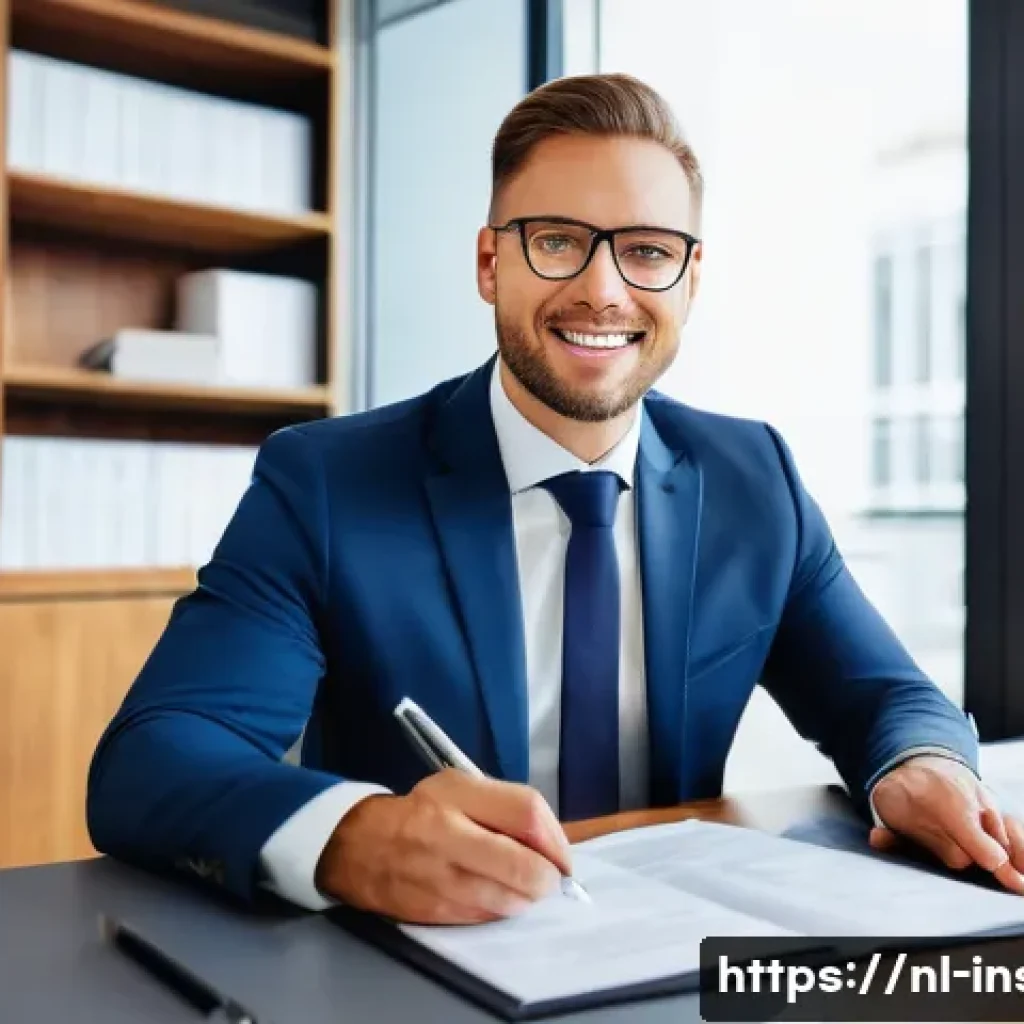 보험중개사와 실무 경험의 상관관계 - An experienced Dutch insurance broker sitting confidently at a modern office desk, engaging in a det...