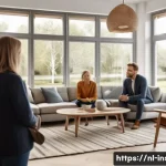 보험중개사와 고객 만족도 관리 방법 - A warm, professional insurance agent attentively listening to a young Dutch family in their modern l...