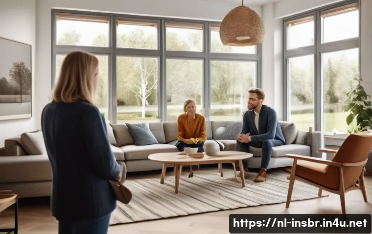 보험중개사와 고객 만족도 관리 방법 - A warm, professional insurance agent attentively listening to a young Dutch family in their modern l...