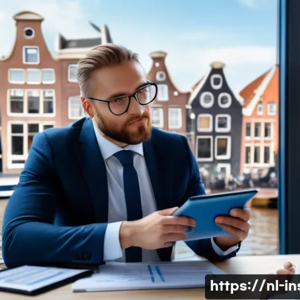 보험중개사와 보험사 간 협력 사례 - A modern office scene in Amsterdam showing a Dutch insurance broker and an insurer in professional a...
