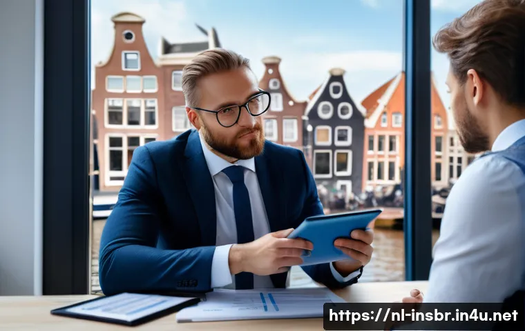 보험중개사와 보험사 간 협력 사례 - A modern office scene in Amsterdam showing a Dutch insurance broker and an insurer in professional a...
