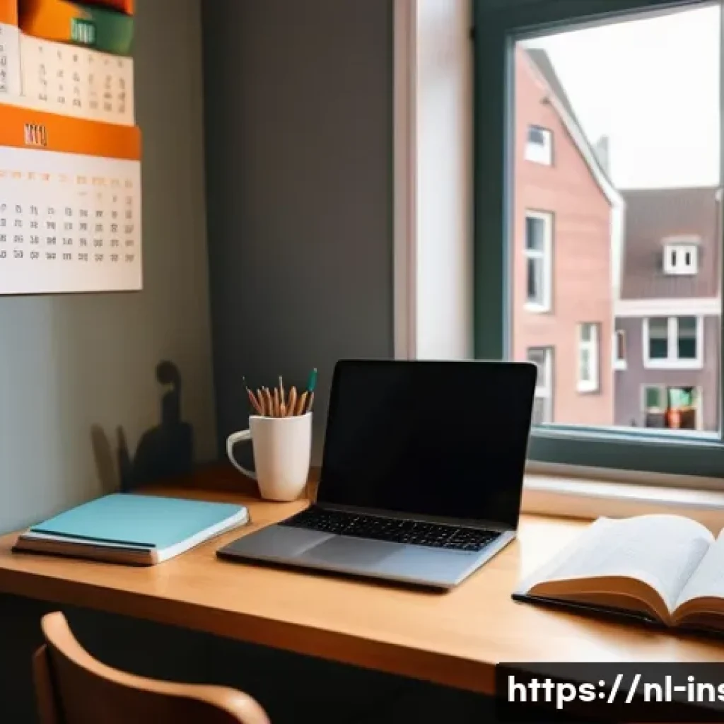 보험중개사 자격증 준비를 위한 경제적 계획 - A cozy Dutch student&rsquo;s study corner in a small apartment, featuring a tidy desk with a laptop displa...