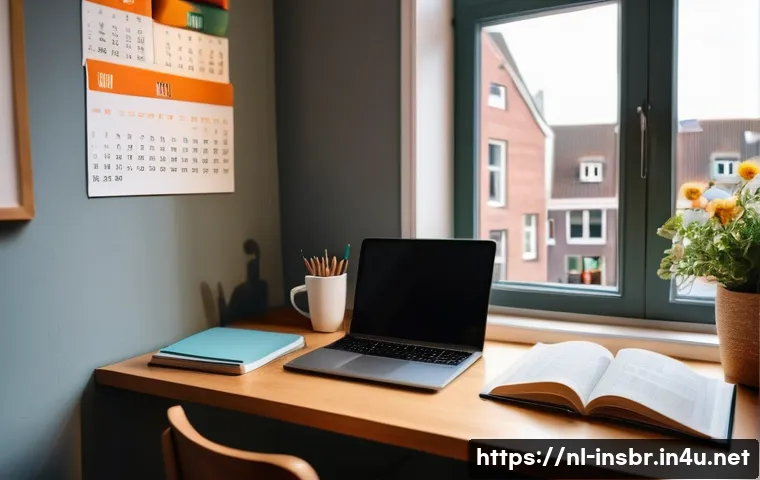 보험중개사 자격증 준비를 위한 경제적 계획 - A cozy Dutch student’s study corner in a small apartment, featuring a tidy desk with a laptop displa...