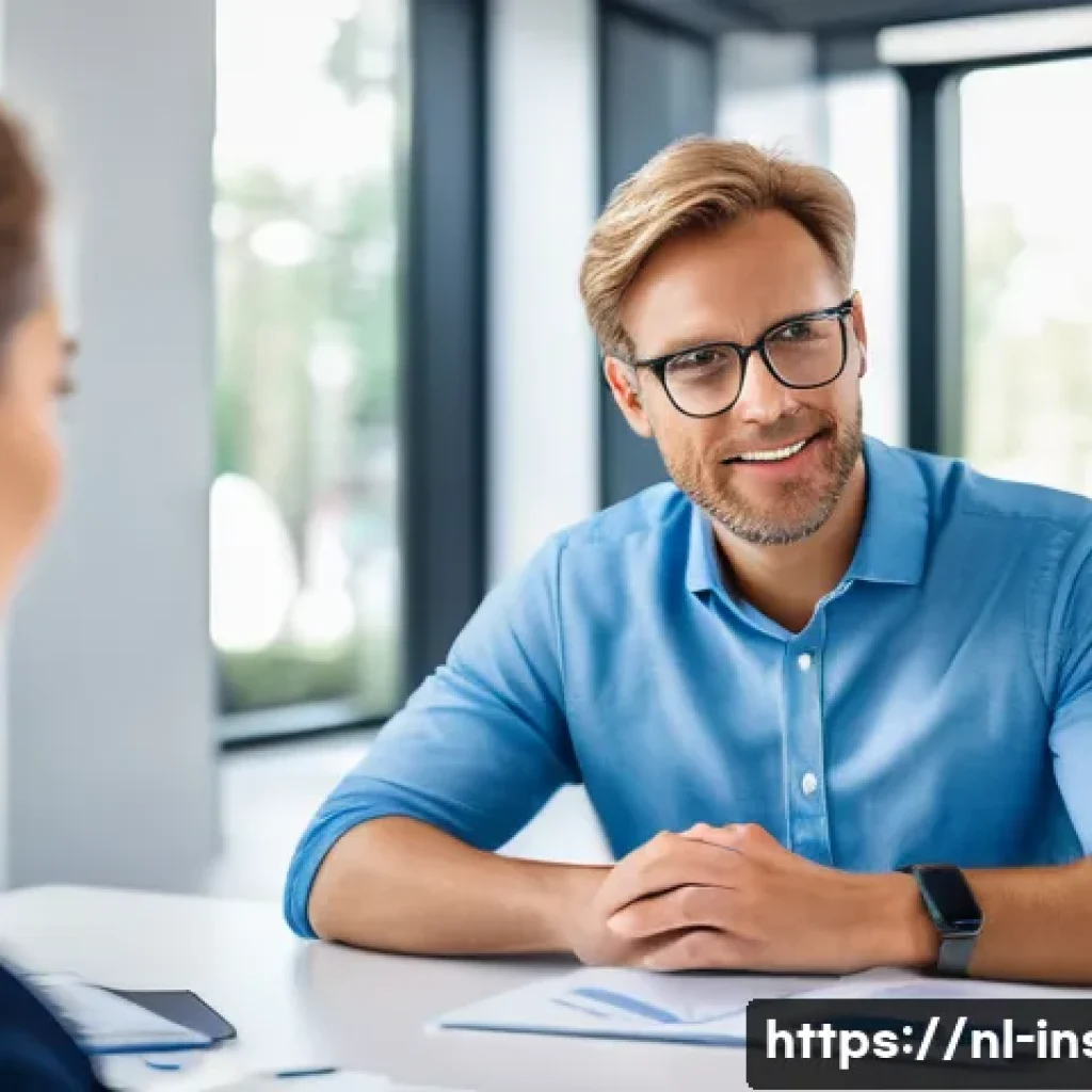 보험중개사로 이직 후 첫 달 업무 경험 - A professional Dutch insurance agent attentively listening to a middle-aged couple in a modern offic...