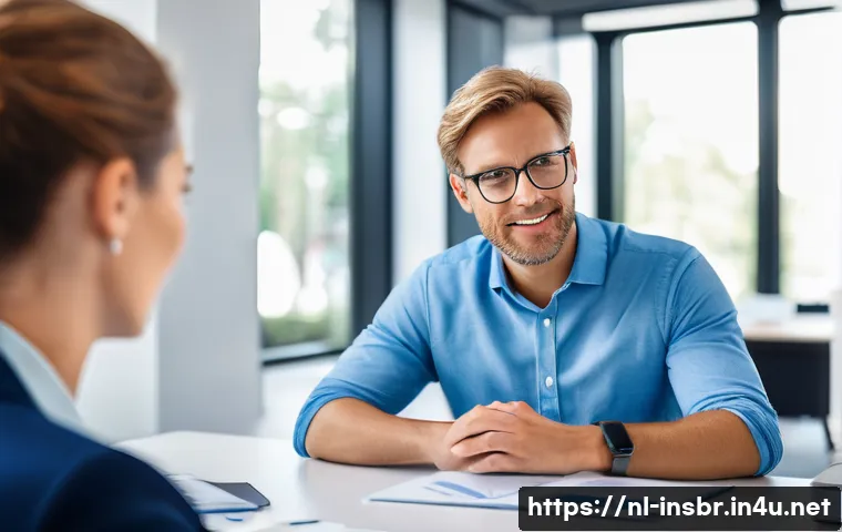 보험중개사로 이직 후 첫 달 업무 경험 - A professional Dutch insurance agent attentively listening to a middle-aged couple in a modern offic...