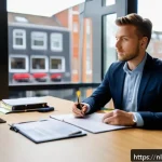 Home 19 보험중개사 시험 직후 피드백 작성법 - A professional Dutch insurance broker sitting at a modern office desk immediately after completing a...