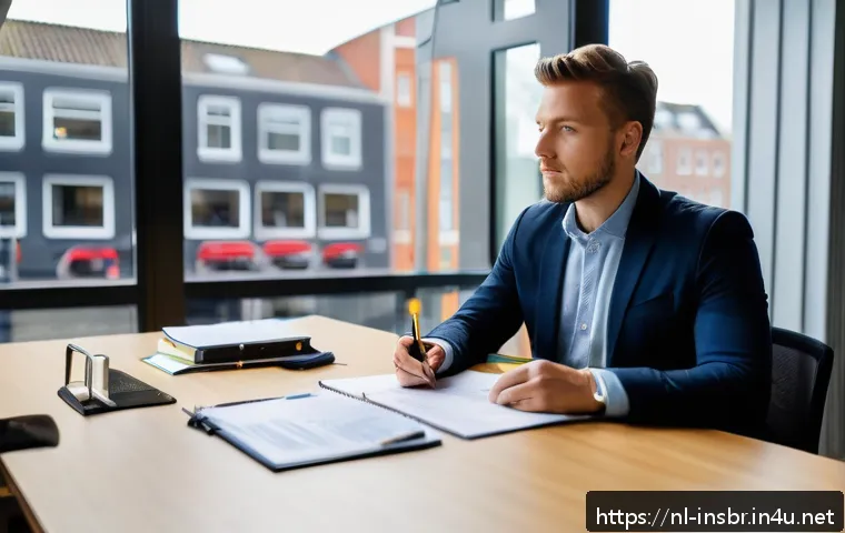보험중개사 시험 직후 피드백 작성법 - A professional Dutch insurance broker sitting at a modern office desk immediately after completing a...