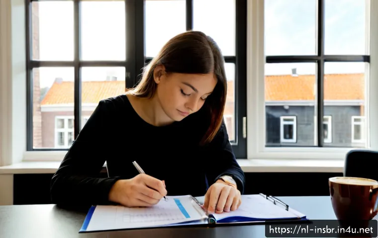 보험중개사 필기시험 대비의 핵심 - Photorealistic Dutch insurance broker exam preparation scene, focused adult student at a tidy home o...